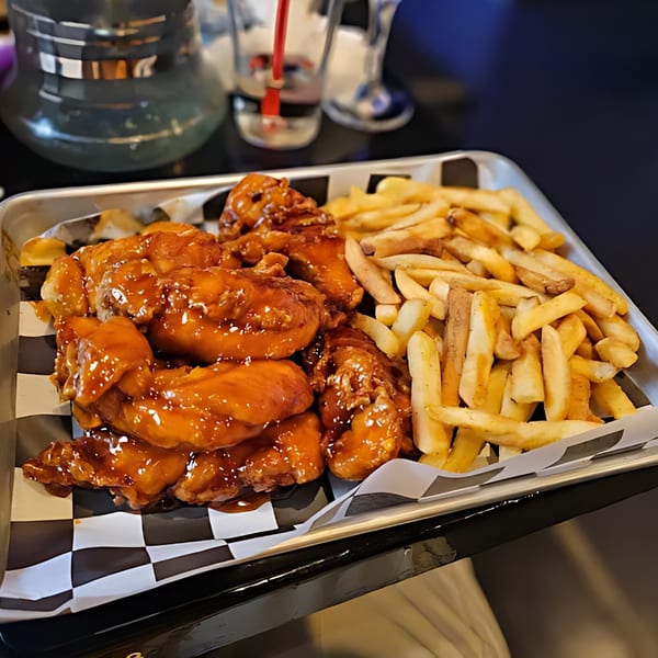 Cali Kitchen and Bar's chicken wings with sweet glaze and a side of golden french fries.